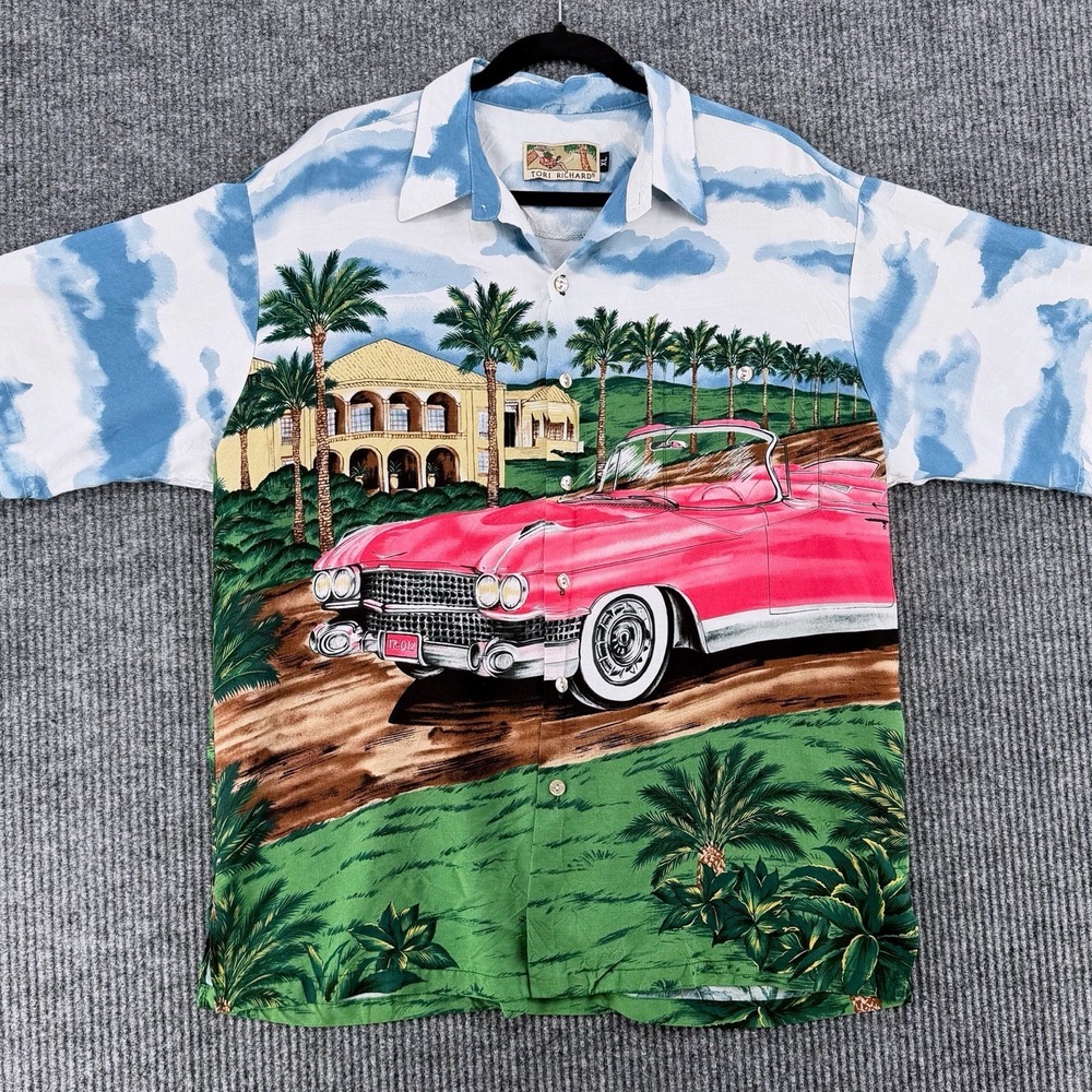 Classic Cadillac Vintage‎ Car Hawaiian Shirt XL Scenic Beach Rayon Tori Richard